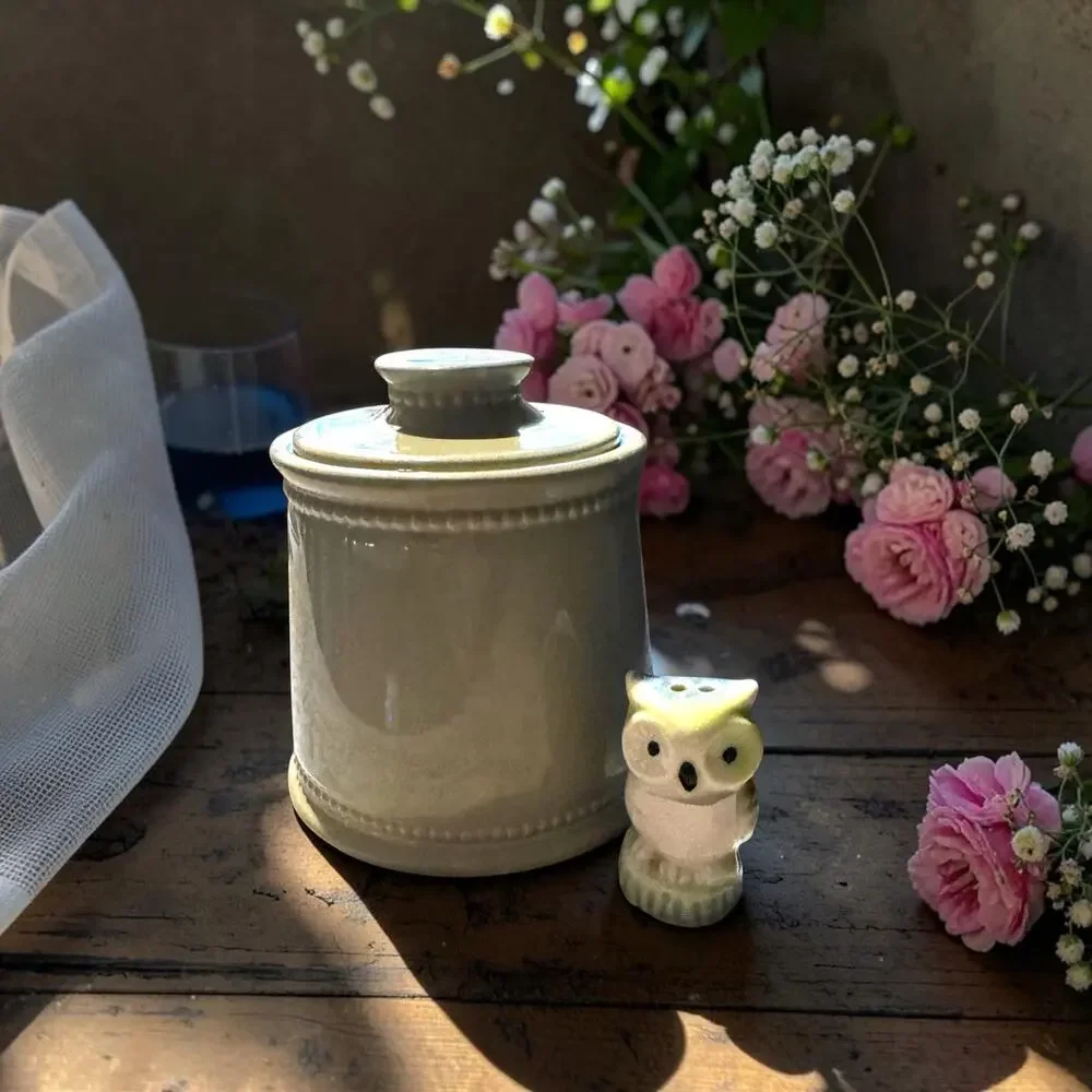 Vintage Sage Green Stoneware Kitchen Canister with Lid | Farmhouse Ceramic
